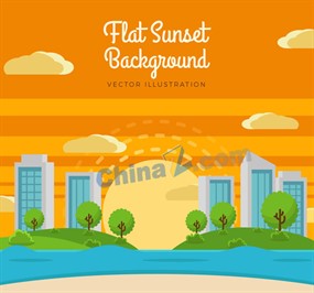 扁平化城市夕阳风景矢量素材